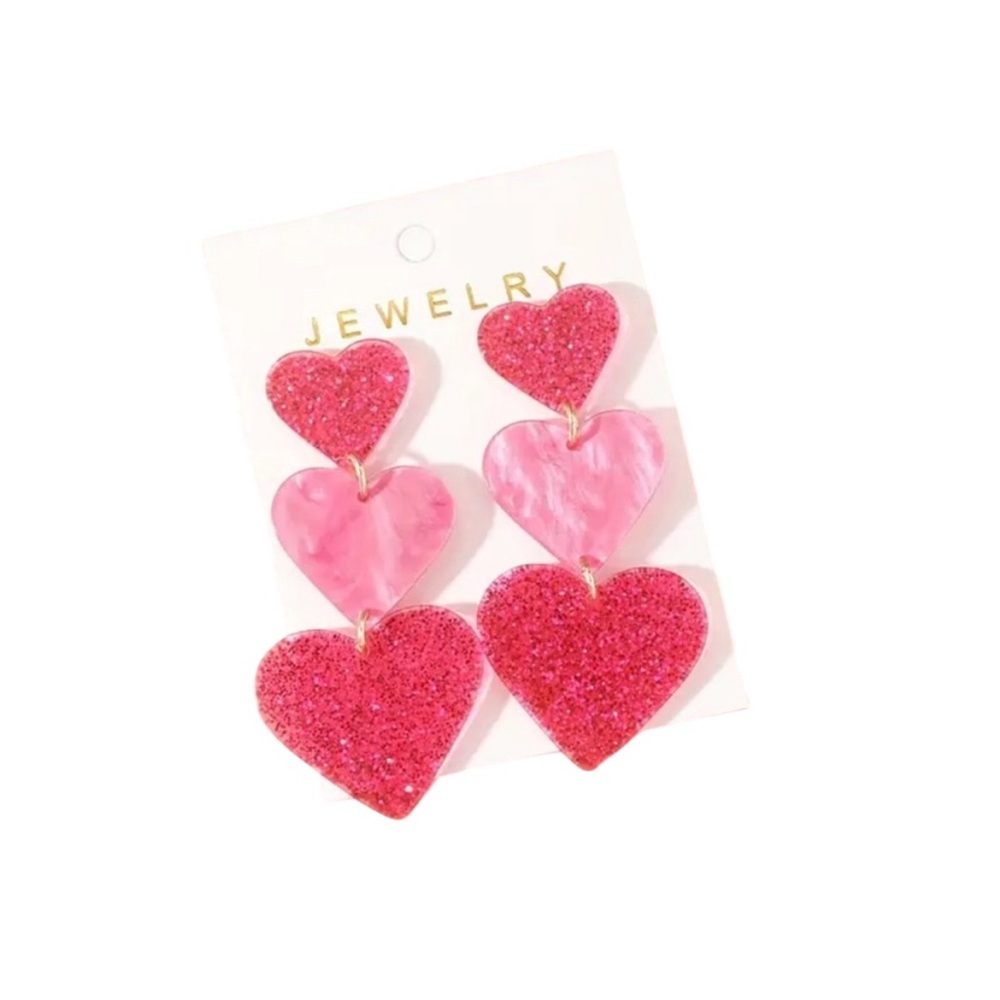 Pink Three Heart Acrylic Earrings